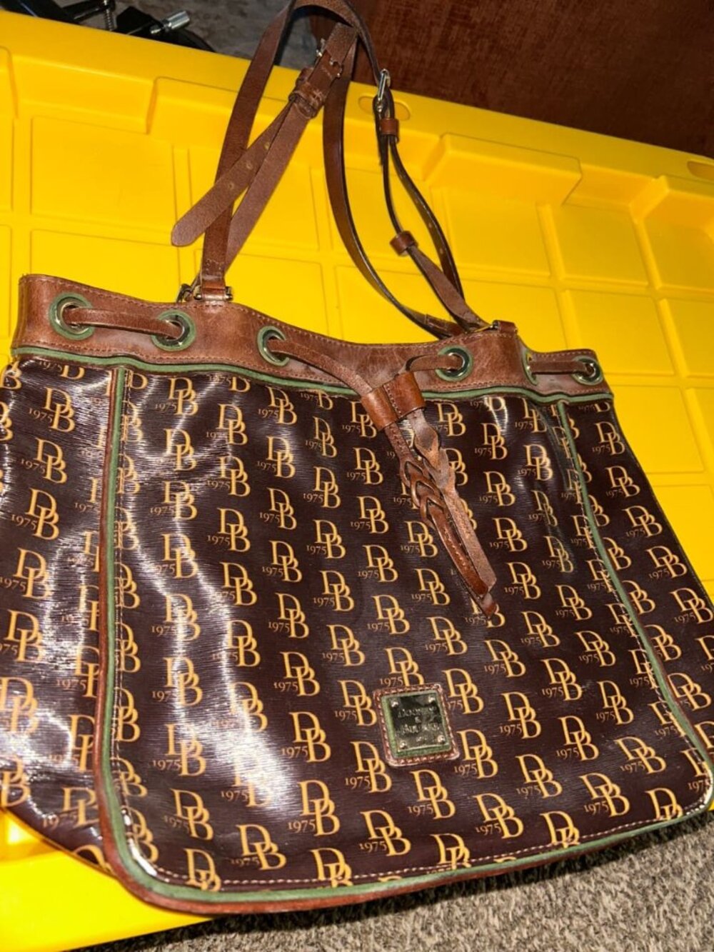 Dooney & Bourke 1975 Signature Drawstring Tote Brown Monogram / British Tan Tri…